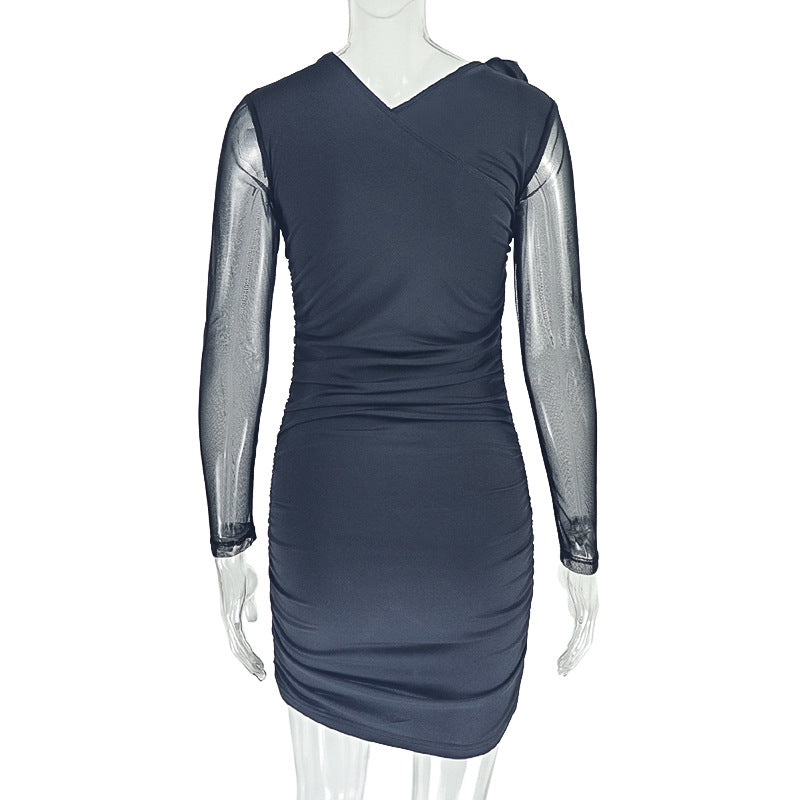 Solid Color Women's Slim Slash Shoulder Long-Sleeve Short Bodycon Dress 8