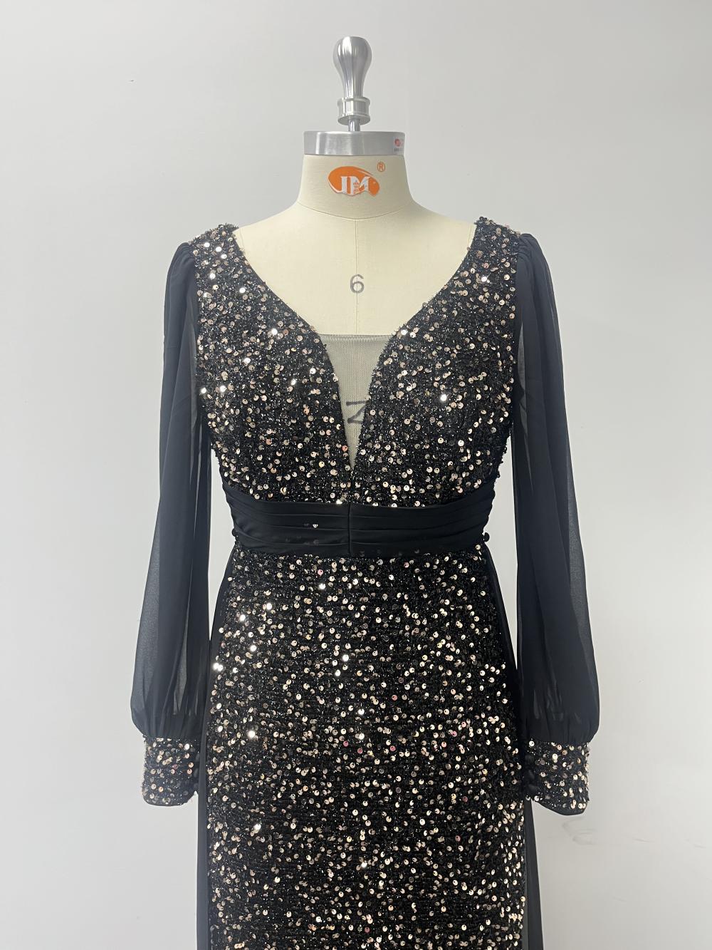 Chiffon Patchwork Long Sleeve V-Neck Luxury Shiny Party Evening Dress 9