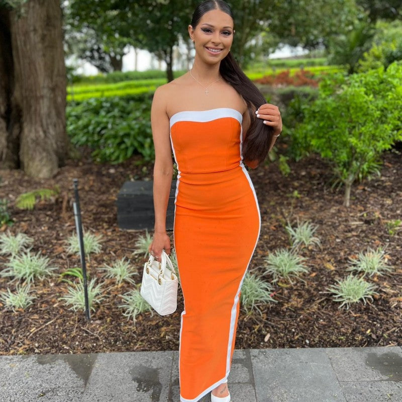 Women Summer Solid Sleeveless Patchwork Strapless Bodycon Dress 7