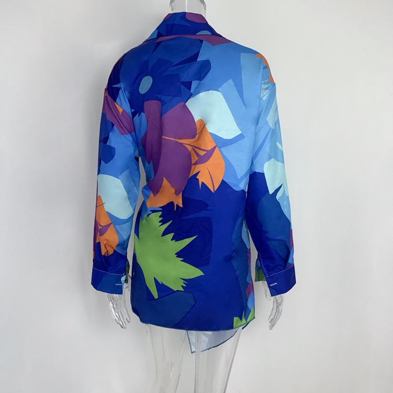 Women Printed Lace-Up Casual Long Sleeve Button Shirt Dress 13