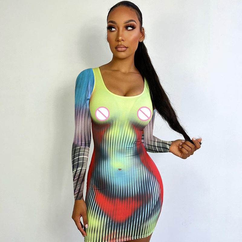 Women's Fall Fashion Print Slim U Neck Long Sleeve Bodycon Dress