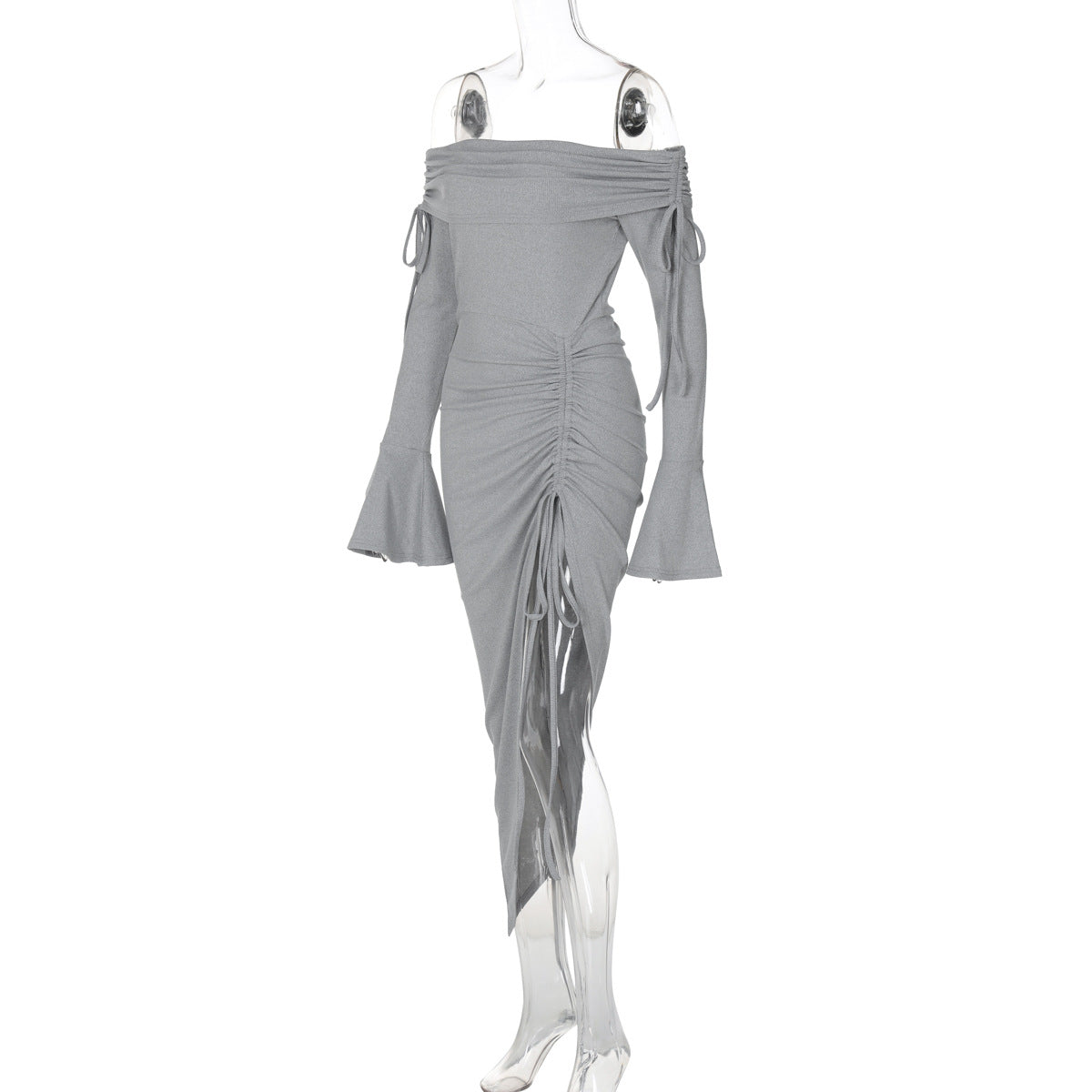 Women Ruffled Autumn Ribbed Sexy Off Shoulder Slit Bell Bottom Sleeve Dress 7