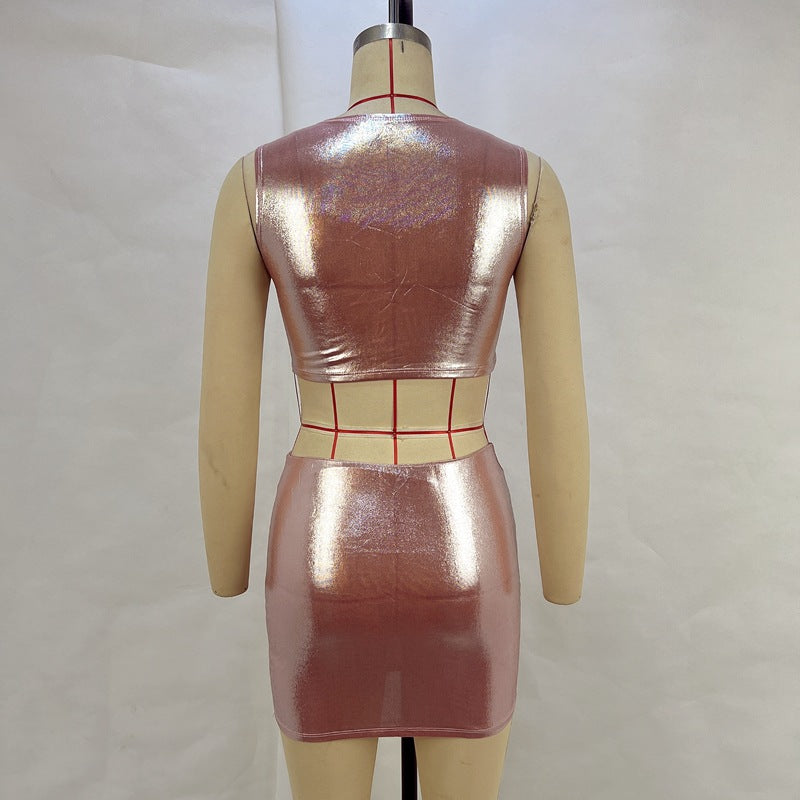 Women Summer Metallic Shiny Solid Round Neck Sleeveless Crop Top Bodycon Skirt Two-Piece Set 18
