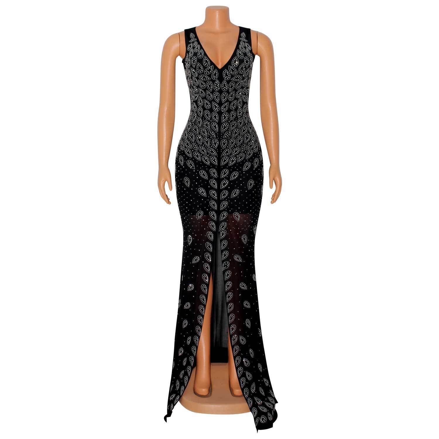 Women Sexy V Neck Mesh Beaded Dress 4