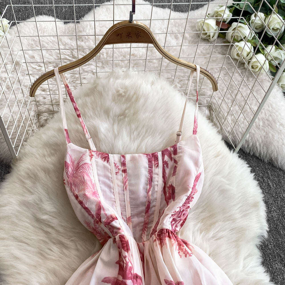 Women's Summer Printed Strap Elegant Slim Waist Long Dress 7