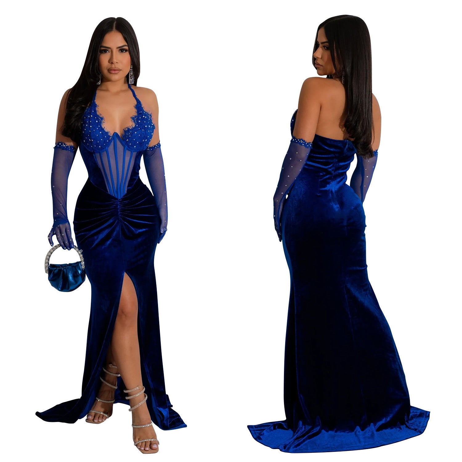 Fashion Women's Solid Color Halter Neck Slit Sexy Long Dress 3