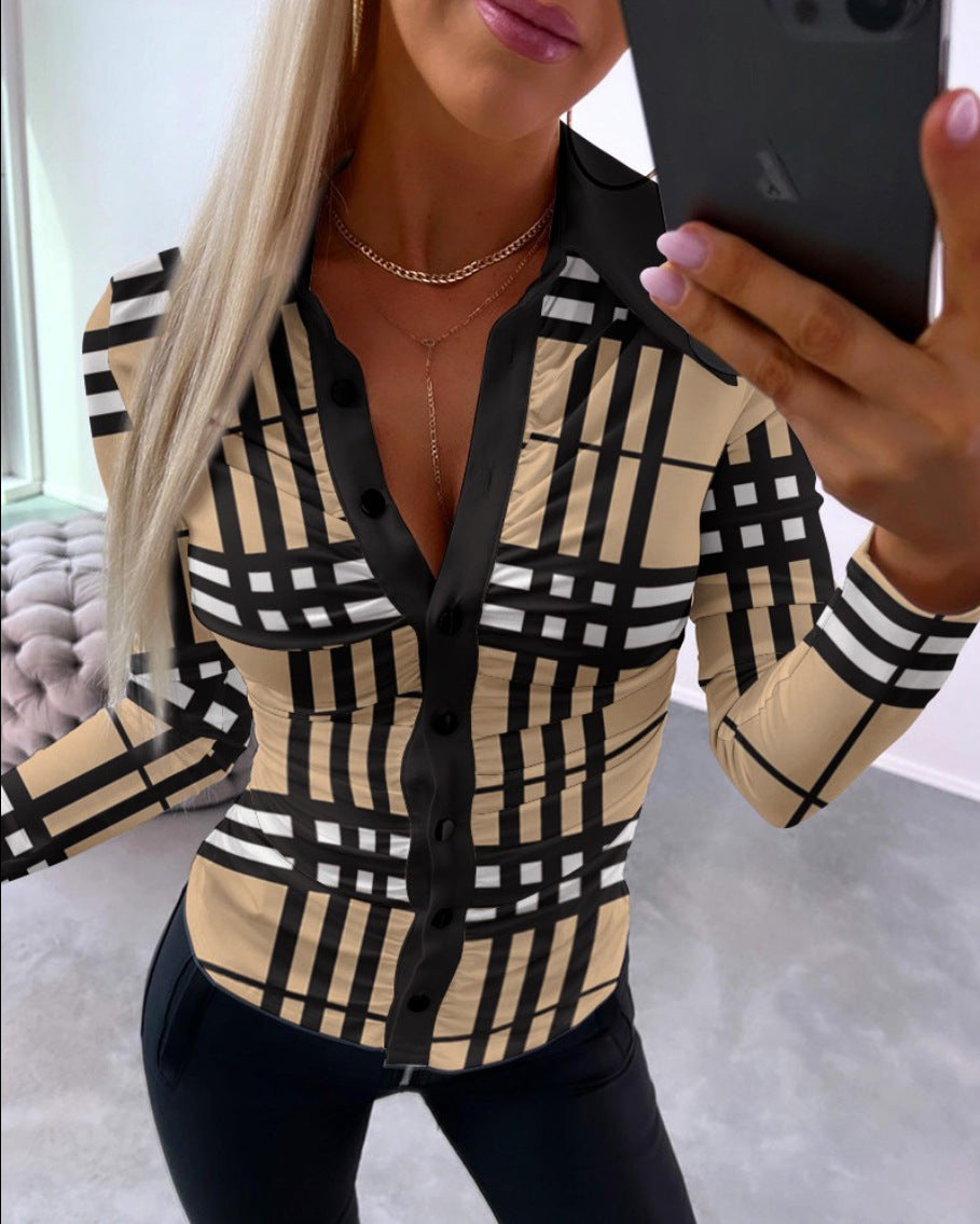 Plus Size Women Fall Sexy V-Neck Printed Shirt 6