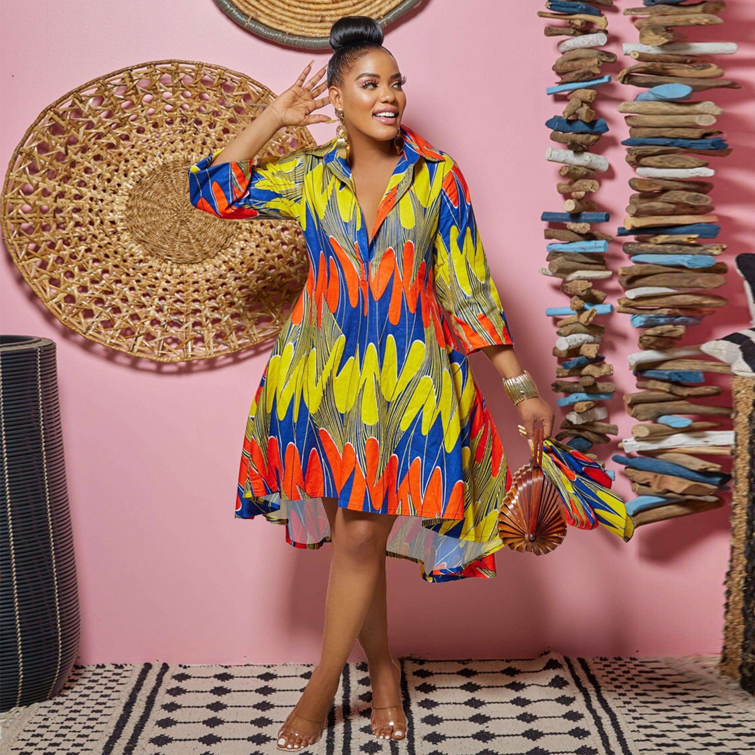 Women Casual Printed Deep v Turndown Collar Dress 3