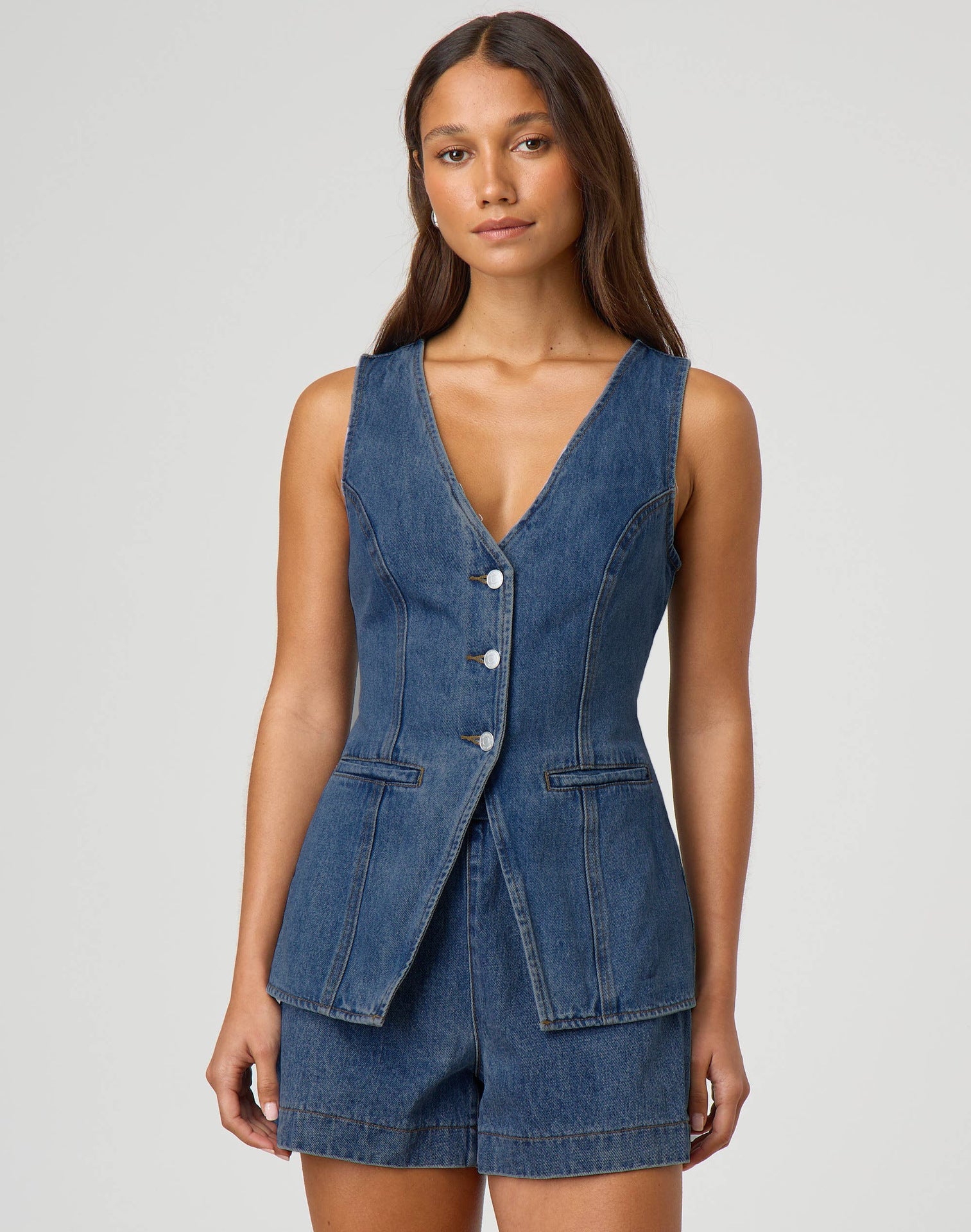 Fashion Casual Sleeveless High-Waist Women's Denim Vest Shorts Two Piece Set 3