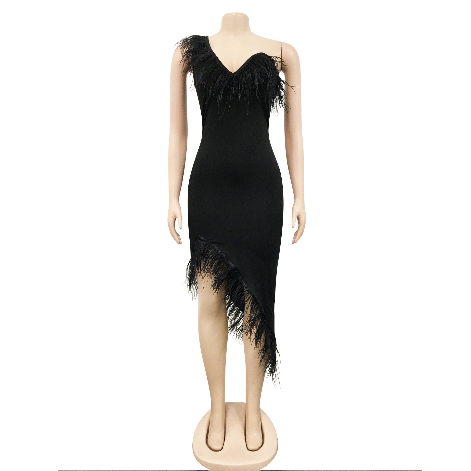 Solid color V-neck sleeveless feather irregular skirt dress 17