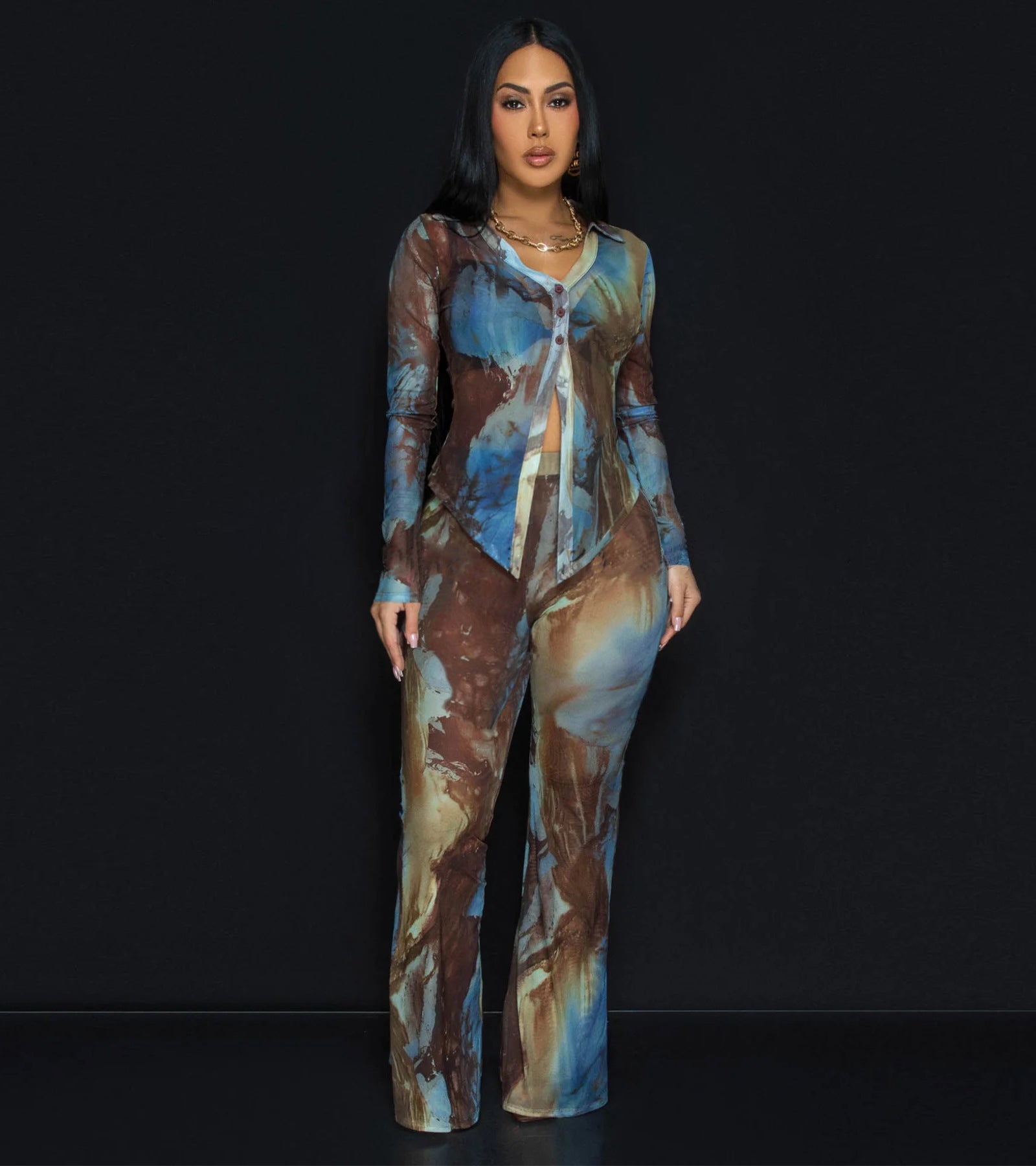 Women Sexy Button Printed Mesh Top and Bell Bottom Pants Two-Piece Set