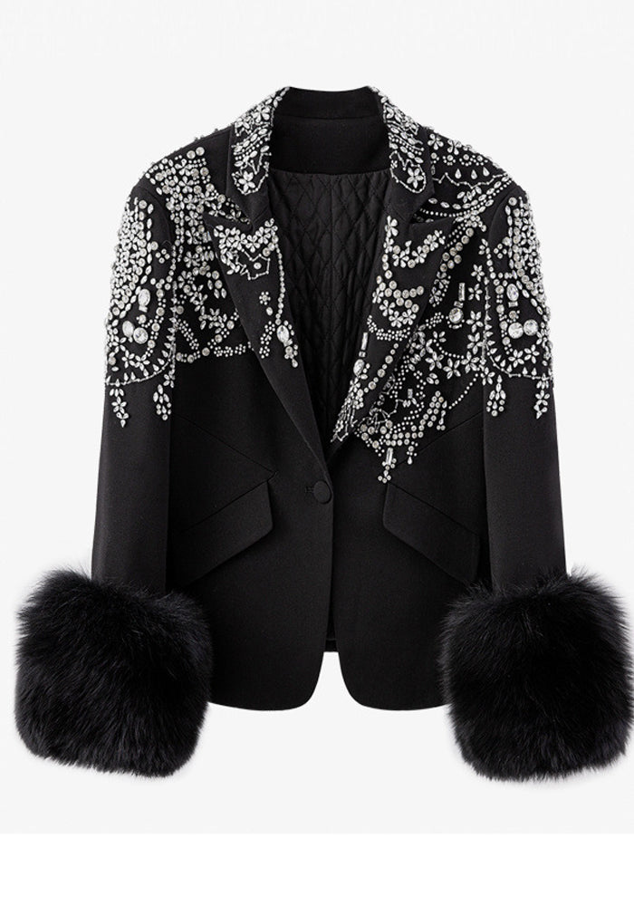 Women Spring Autumn One Button Long Sleeve Turndown Collar Beaded Black Fur Slim Fit Jacket