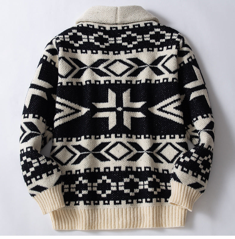 Men's Vintage Jacquard Knitting Turndown Collar Sweater Jacket 4