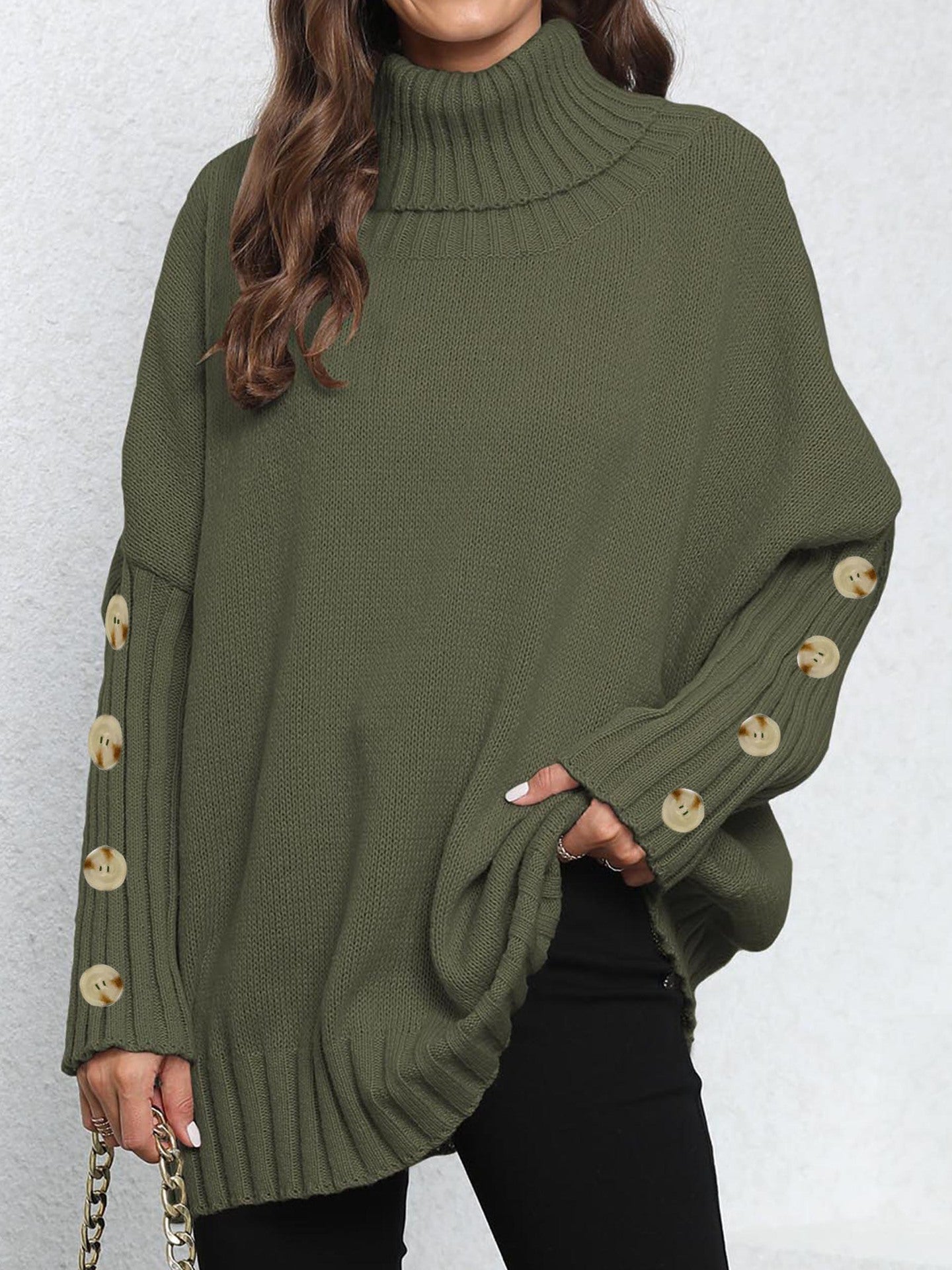 Women Pullover Women Button Knitting Solid Color High Neck Loose Knitted Sweater Tops 7