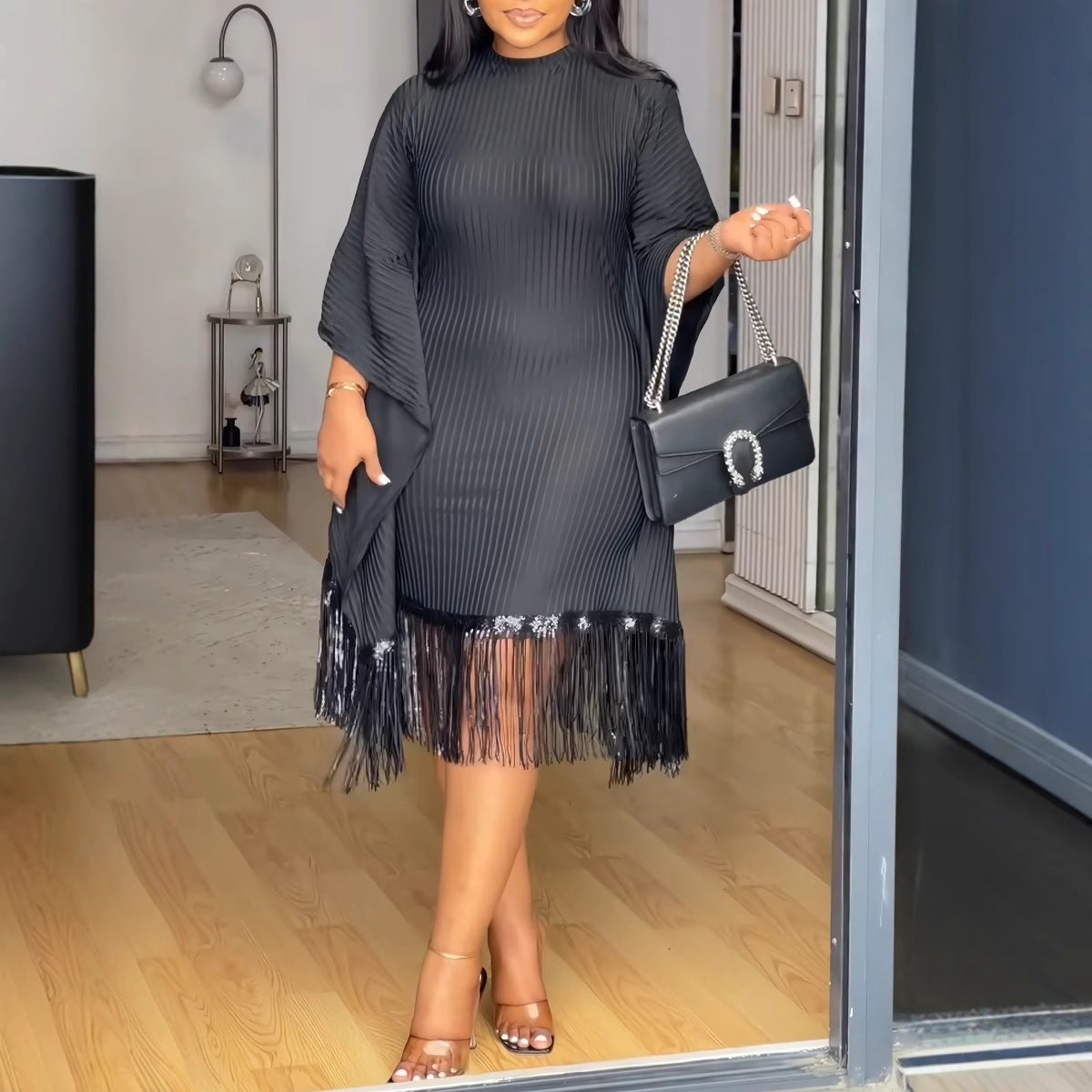 Sequin Tassel Bat Sleeves Elastic Bodycon Dress 10