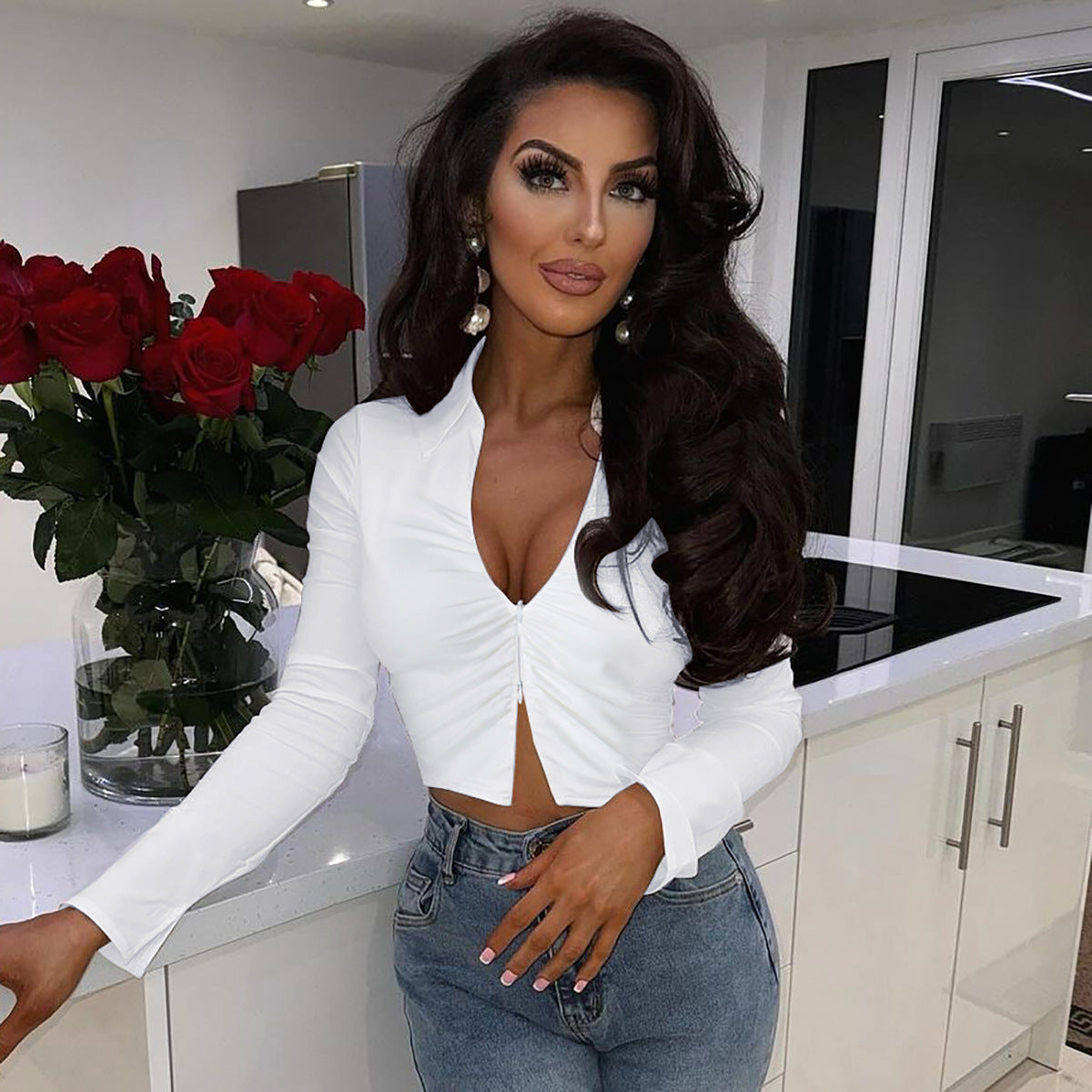 Women Fall Zipper Turndown Collar Long Sleeve Crop T-shirt 5