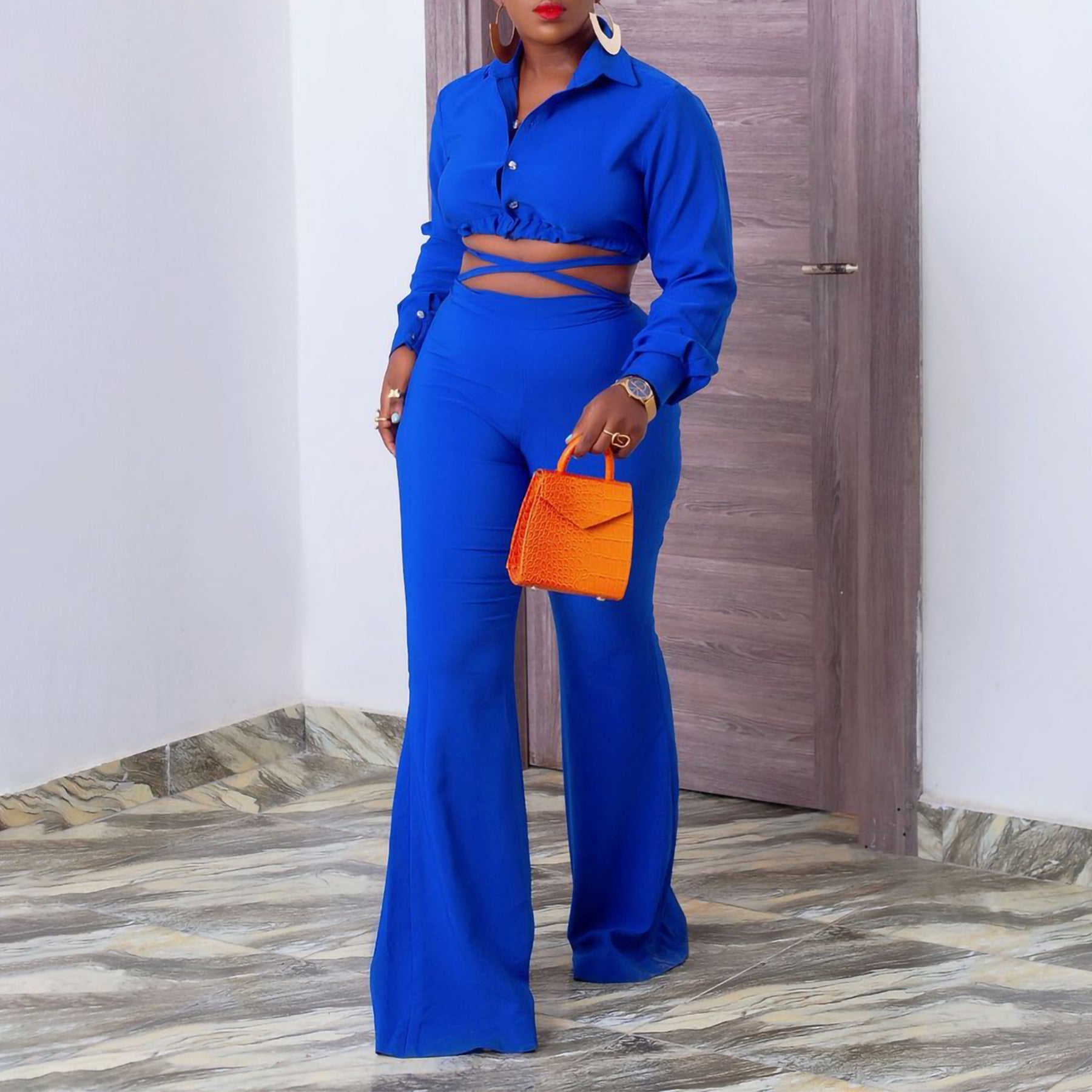 Women Plus Size Fashion Chic Turndown Collar Shirt High Waist Bell Bottom Pants Two Piece Suit 3