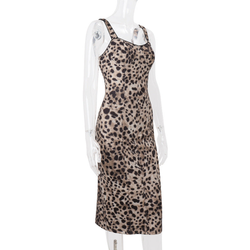 Women Spring Summer U-neck Sexy Leopard Strap Dress 7