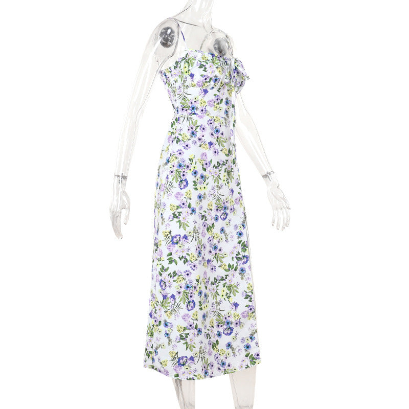 Women summer French printed slit Strap Dress 7