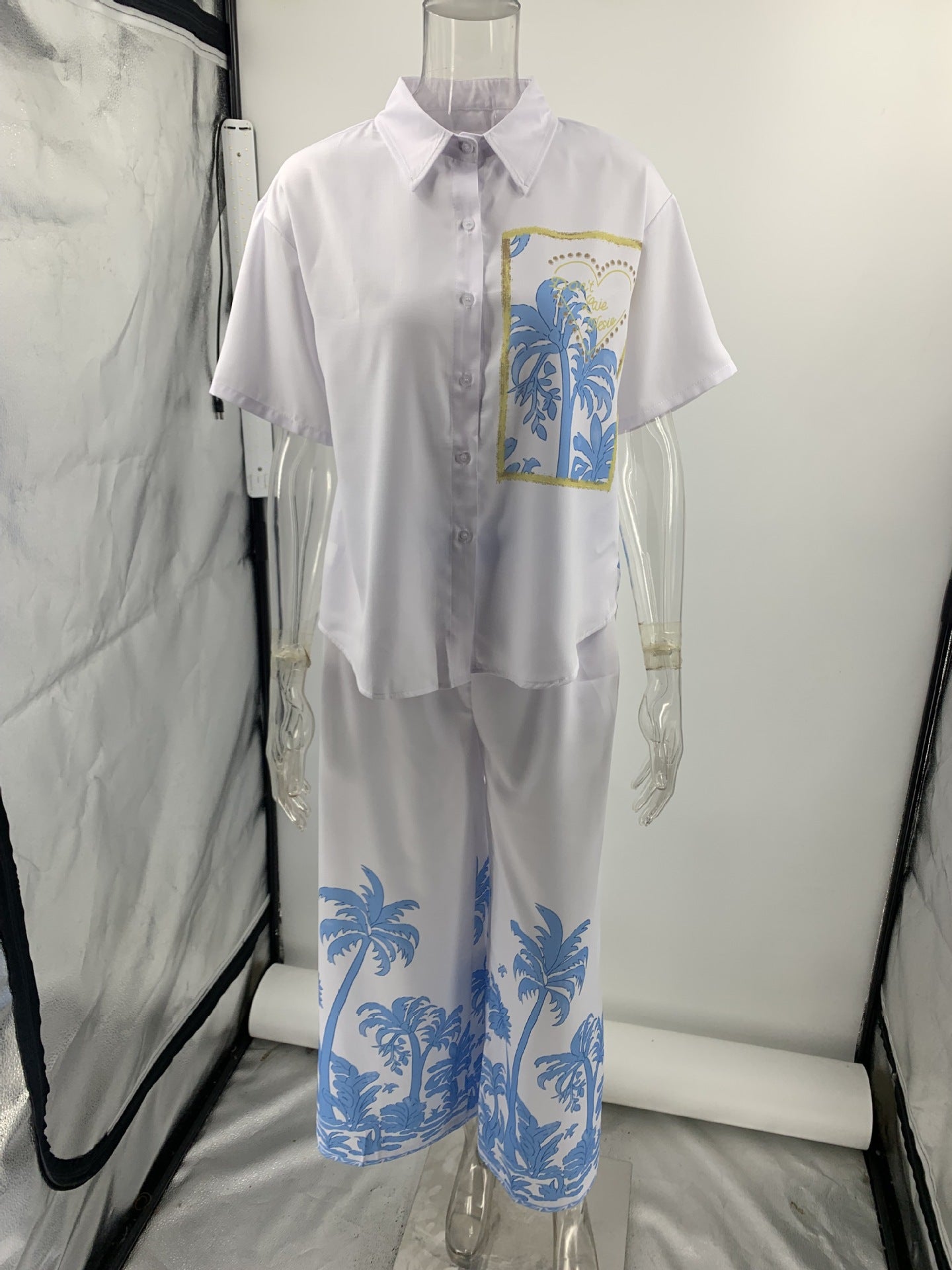 Summer Women's Casual Linen Short Sleeve Turndown Collar Shirt and Pants Set 9