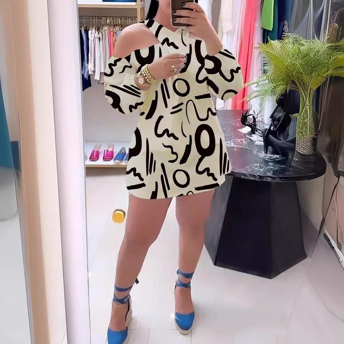 Printed Hollow Cross Neck Cutout Casual Dress 6