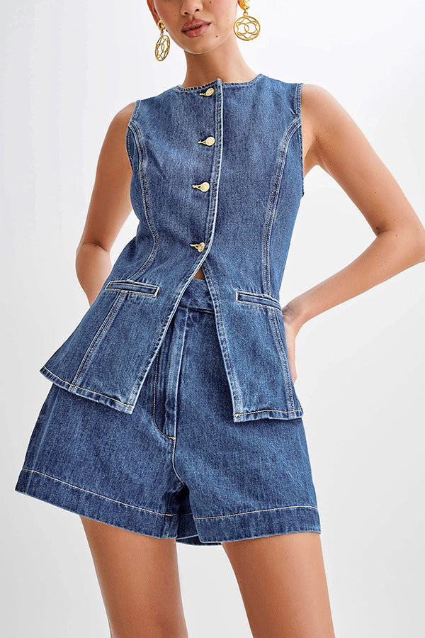 Summer Fashion Casual Sleeveless High Waist Women's Two Piece Denim Shorts Set 4