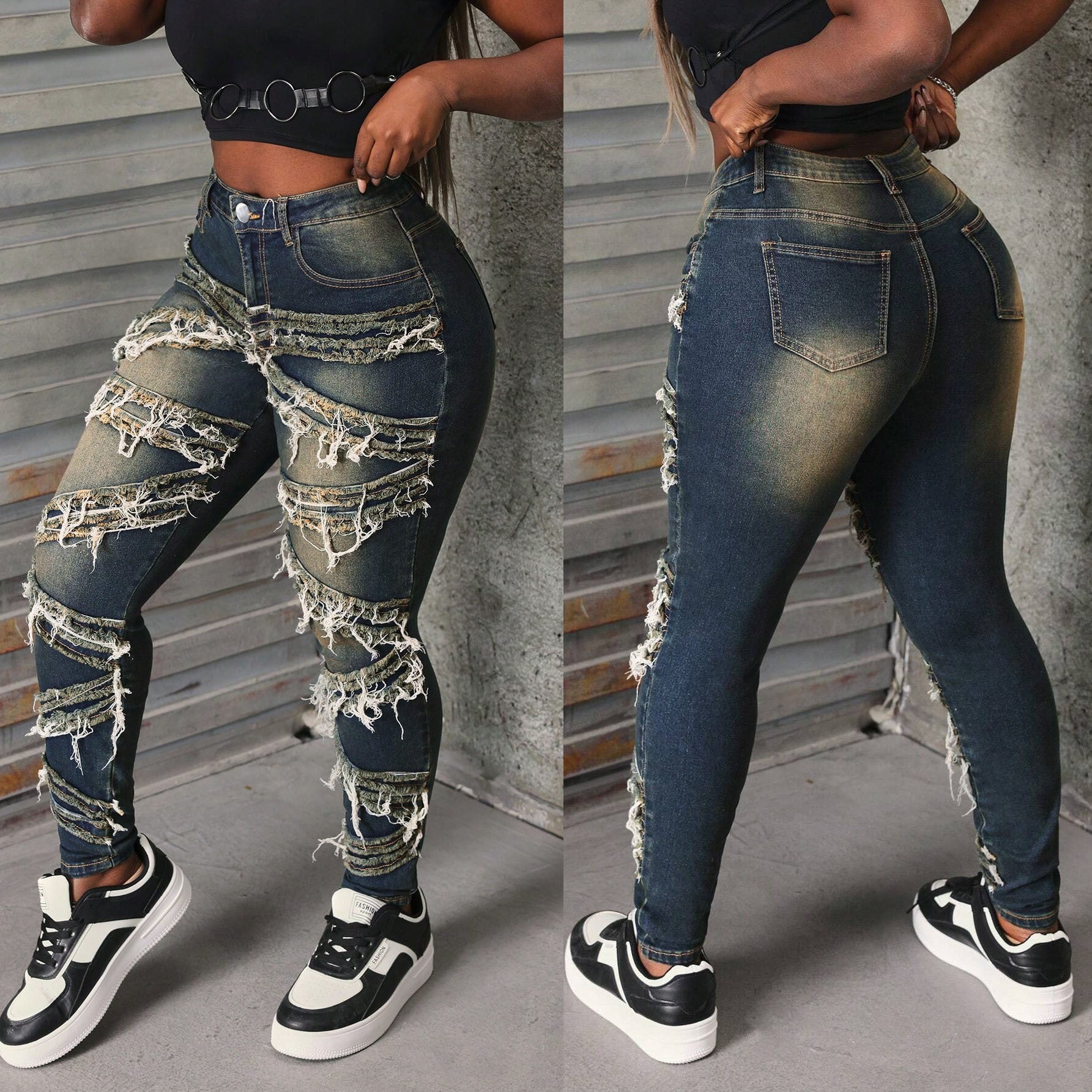 Women's Street Fashion Patch Denim Skinny Pants 3