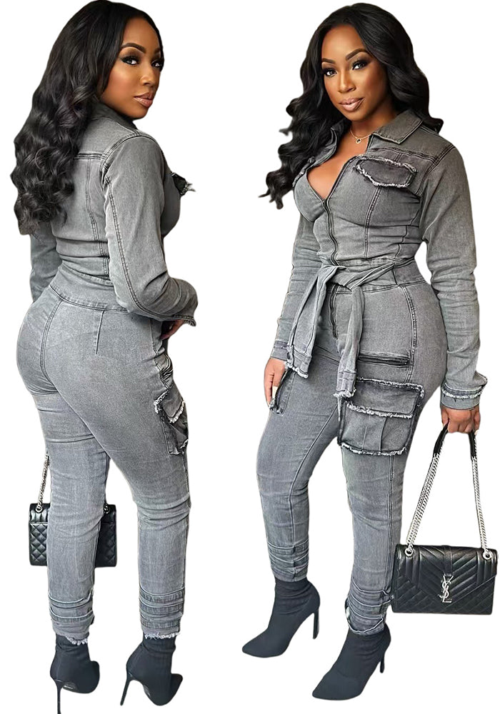 Women Tie Stretch Belt Denim Jumpsuit