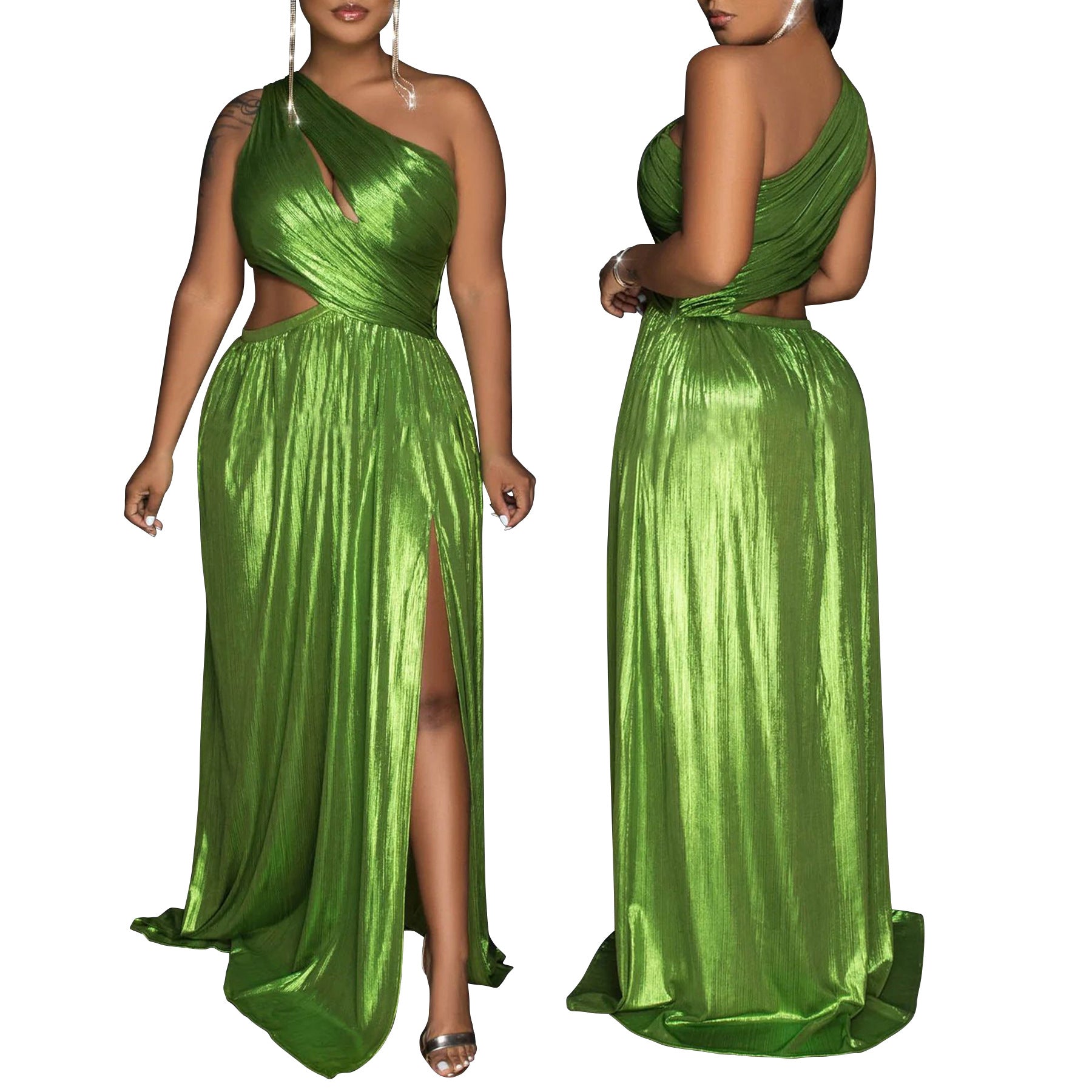 Women's One-Shoulder Evening Gown Sexy High-Slit Open Waist Dress 3