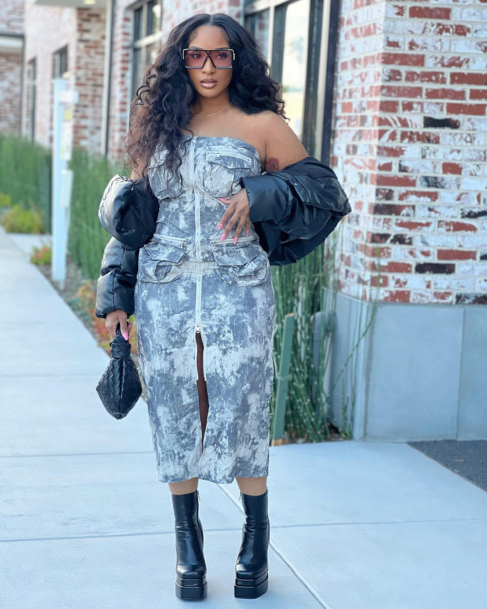 Women Street Sexy Multi-Pocket Strapless Zipper Dress 4