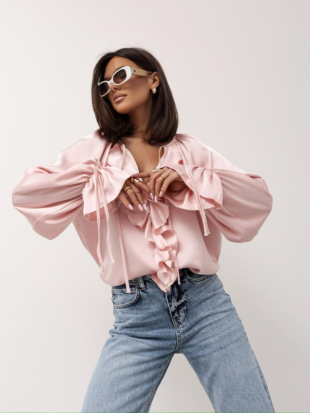 Women Spring ruffled Bell Bottom sleeve V neck lace shirt 16