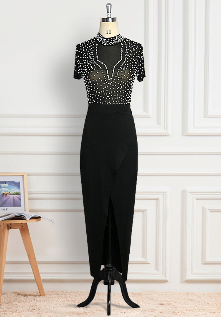 Autumn Formal Black Beaded Short Sleeves Slit Evening Dress