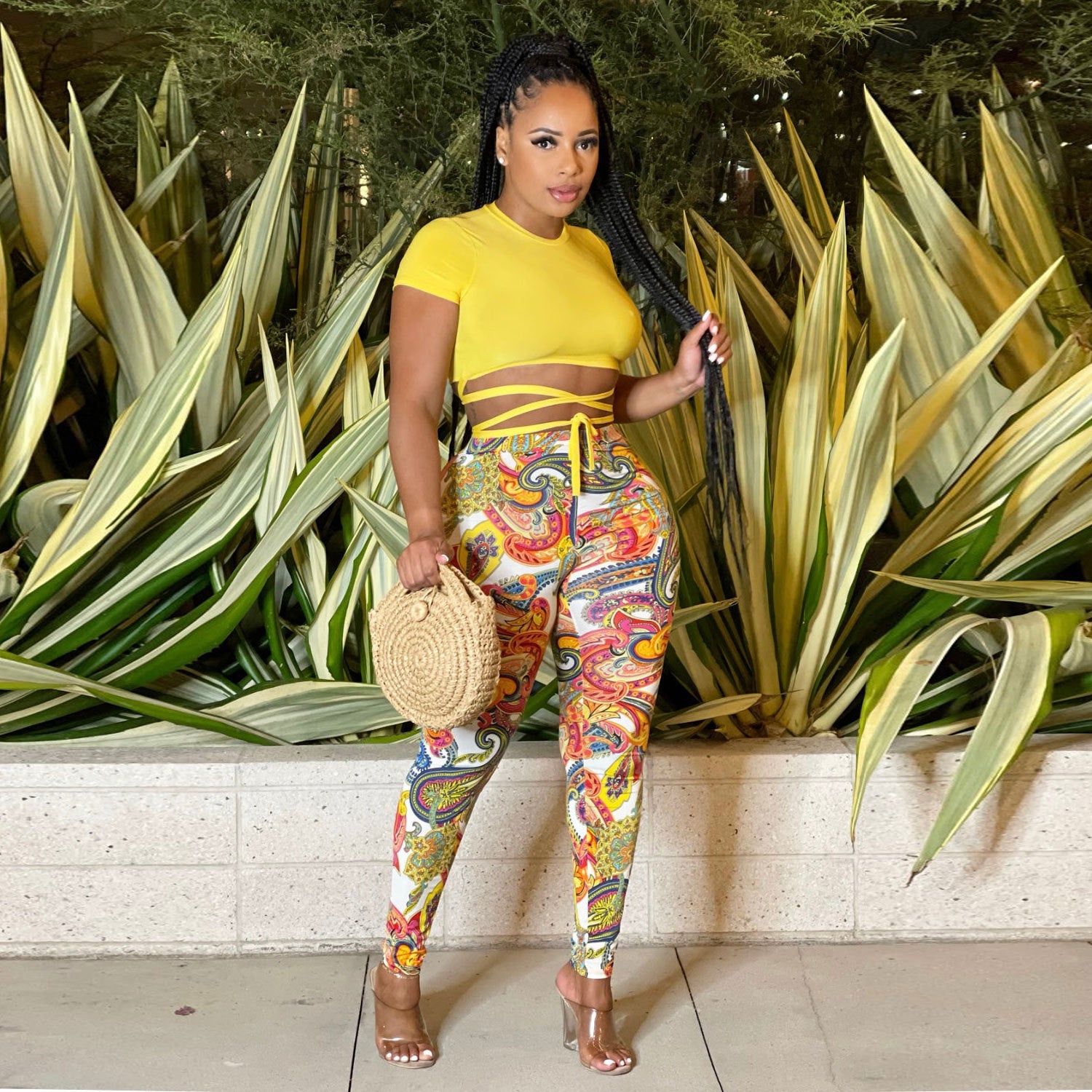 Women Sexy Short Sleeve Top+ Printed Trousers Two-piece Set 12