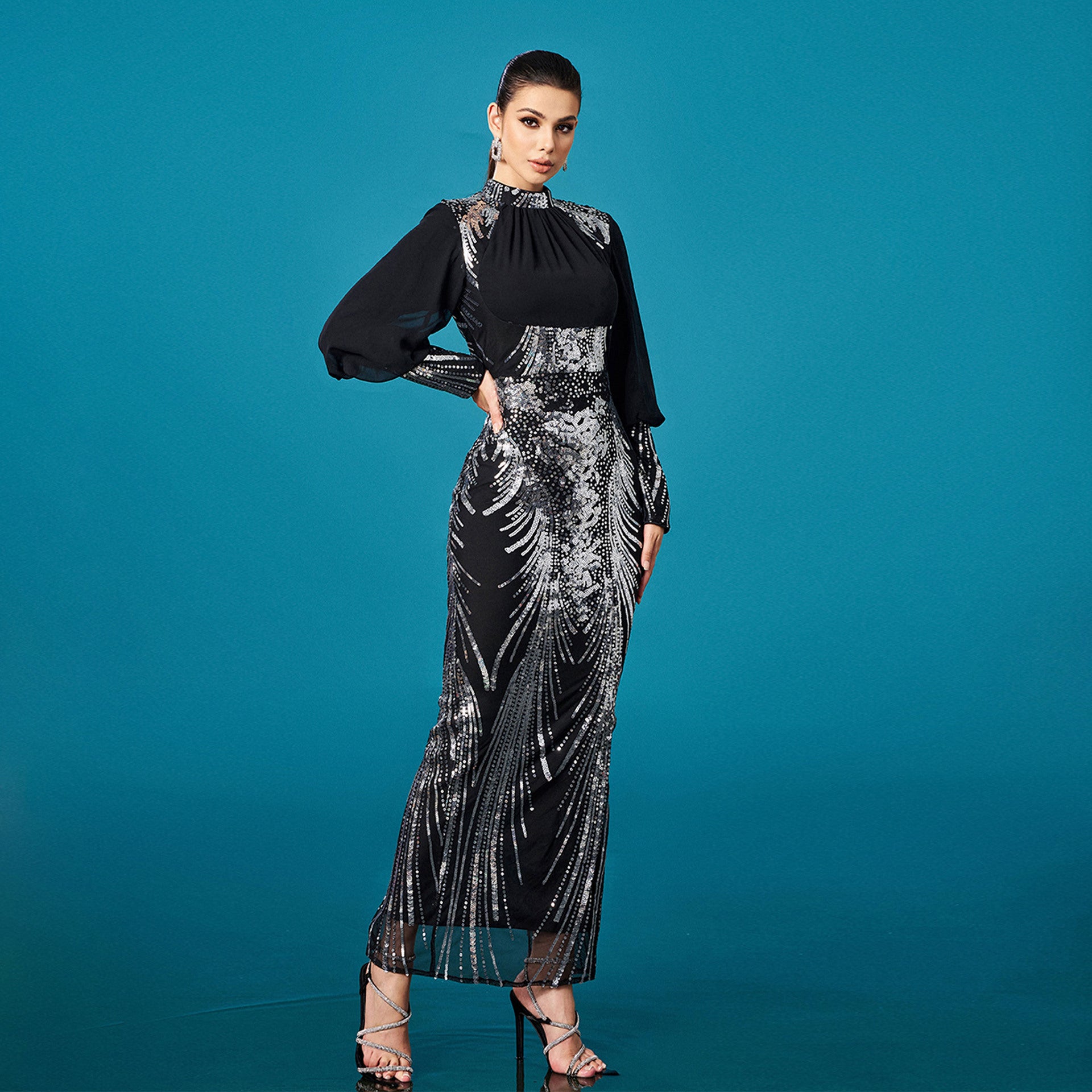 Women Long Sleeve Round Neck Bodycon Sequin Formal Party Evening Dress 7