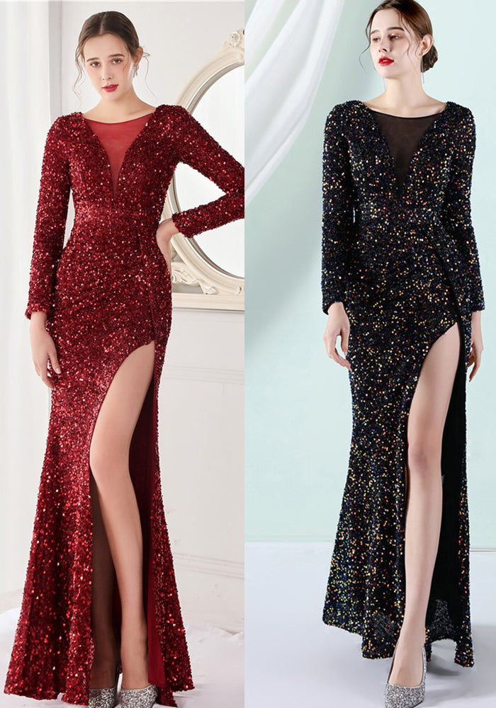 Winter Elegant Gray Sequ Mesh Patch Long Sleeve Slit Mermaid Formal Cocktail Evening Dress