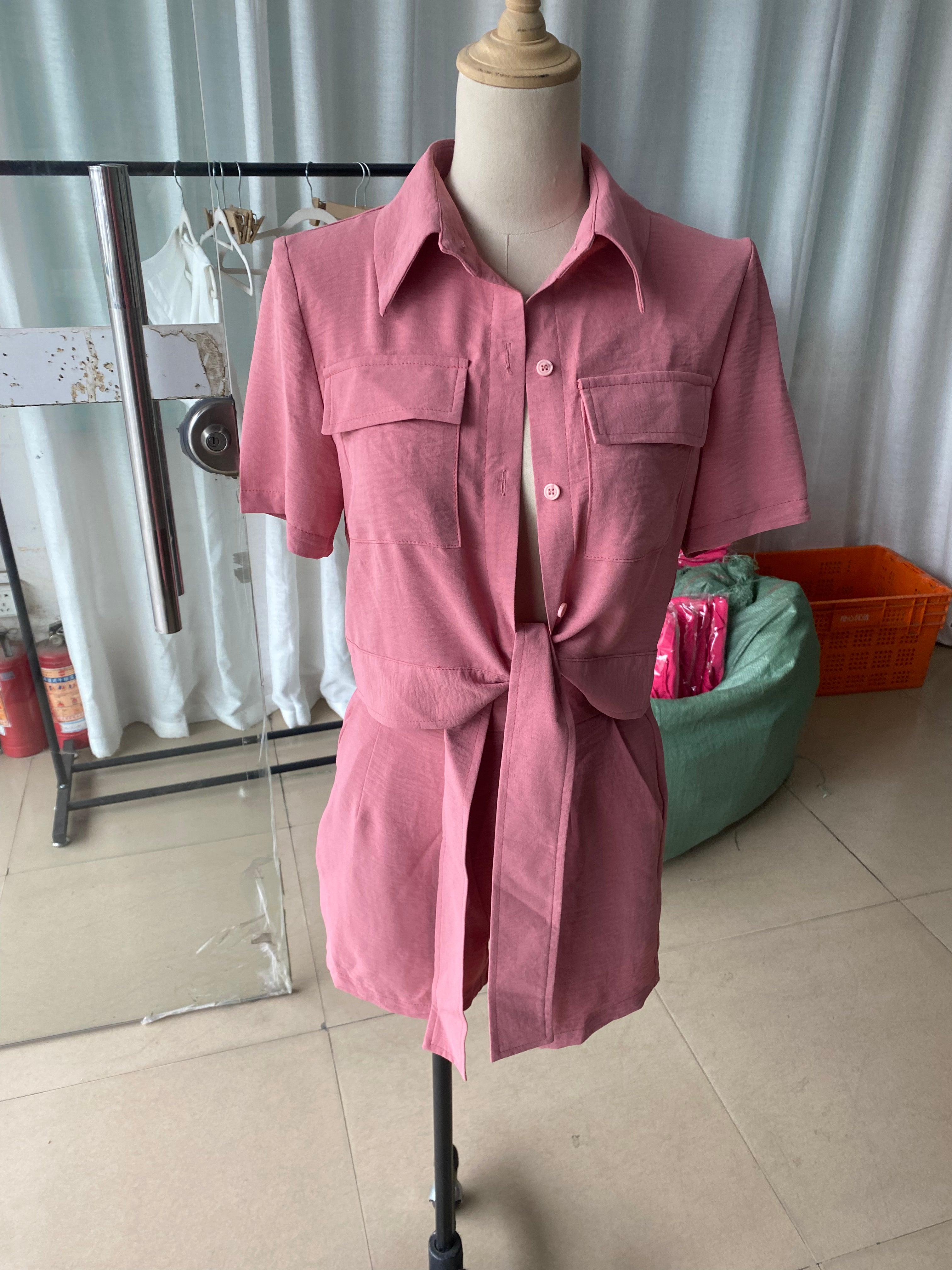 Women's Spring And Summer Fashion Short Sleeve Tie Shirt Top Casual Shorts Two-Piece Set 13