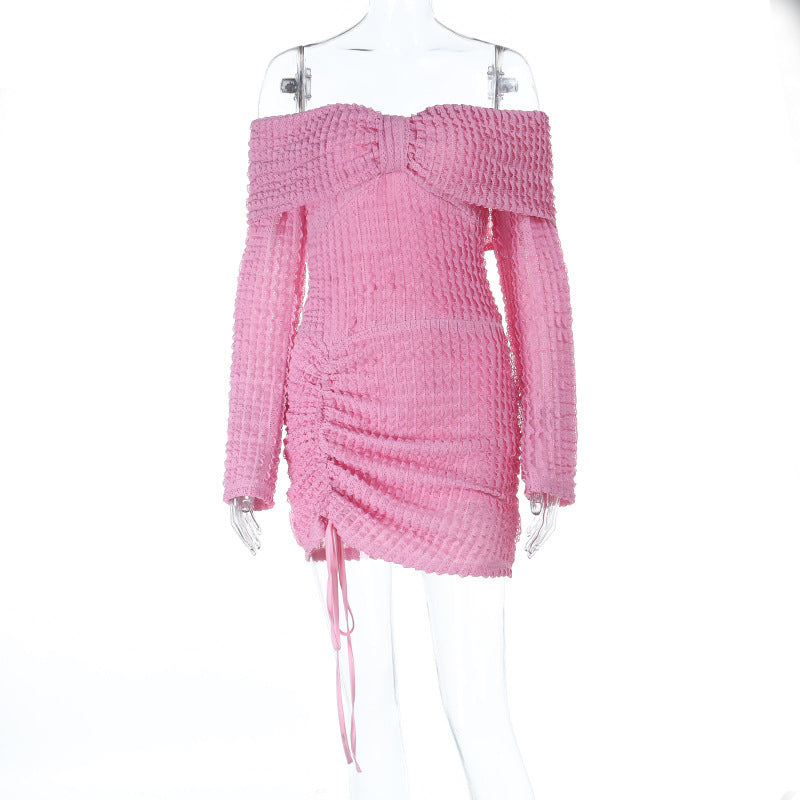 Women Elegant Jacquard Off-Shoulder Wave Pattern Long-Sleeved Dress 6