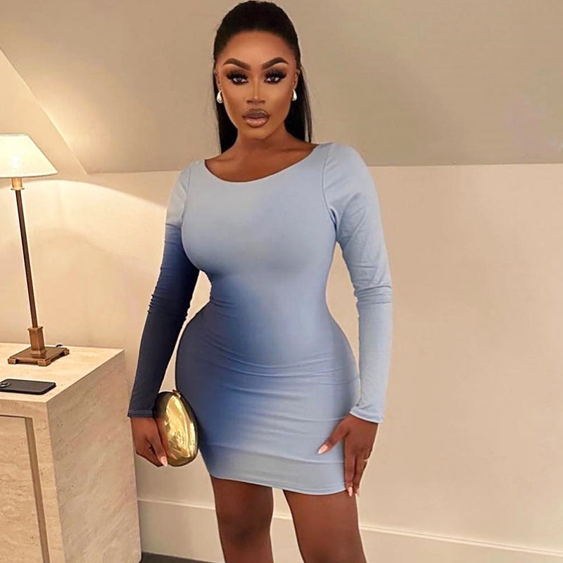 Sexy Round Neck Gradient Print Long Sleeve Slim Bodycon Women Dress 5