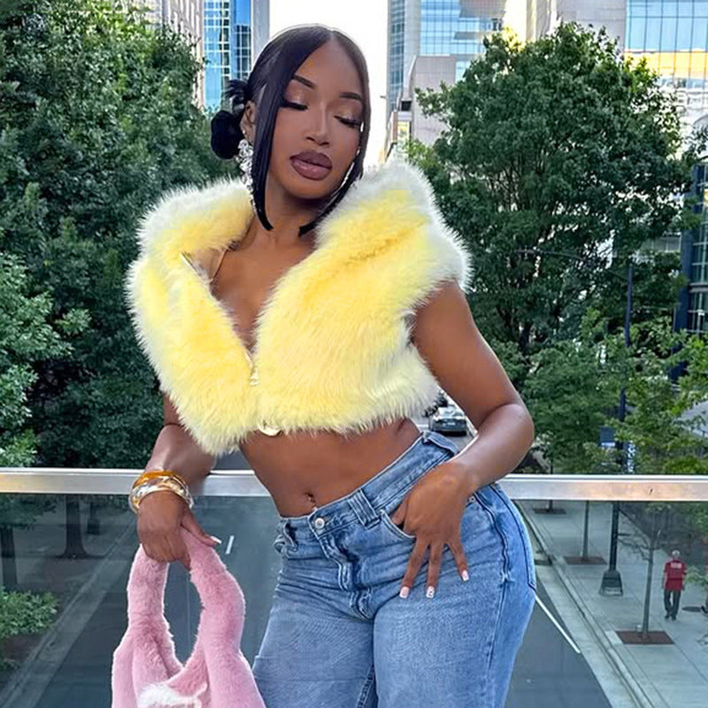 Women's Autumn Winter Solid Color Fur Zipper Hooded Sleeveless Cropped Top