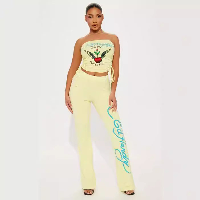 Women's Print Strapless Vest Pants Two Piece Set