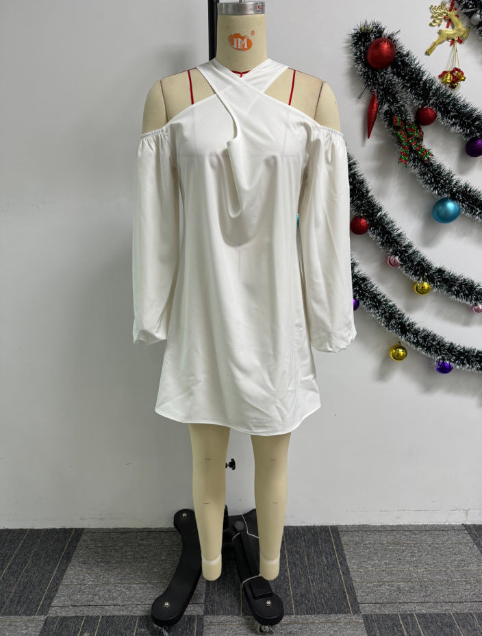 Women Solid Hollow Shoulder Crossover Dress 7