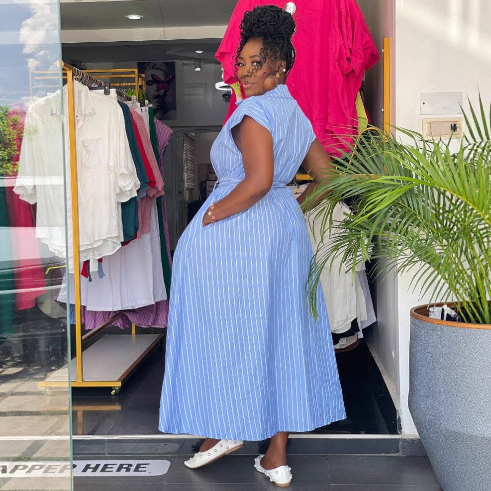 African Women elegant sleeveless single-breasted striped lace-up dress 5