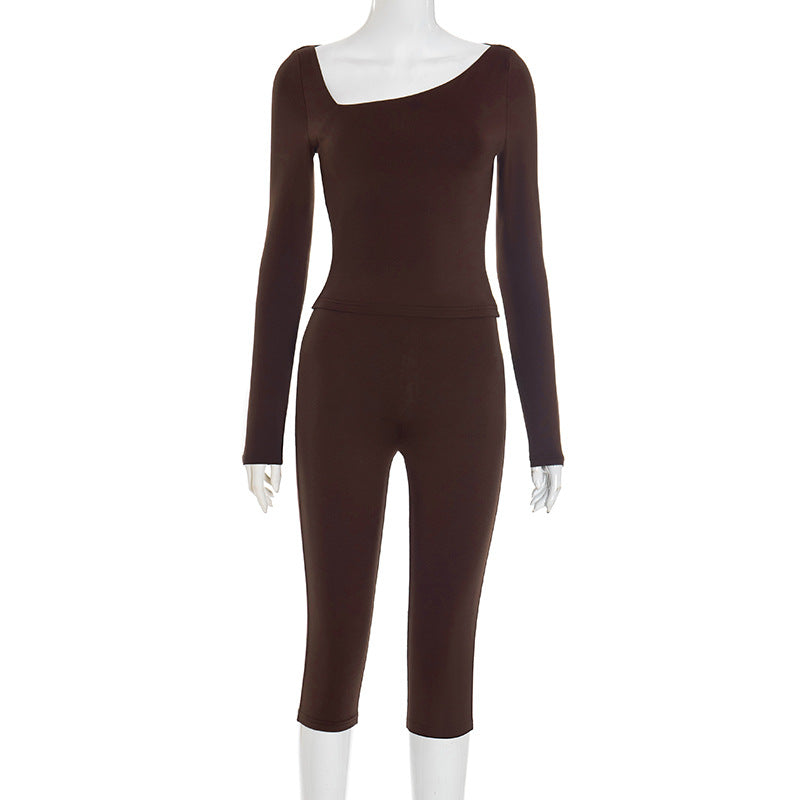 Irregular Slash Shoulder Long Sleeve Top and Solid Capri Two-Piece Set 6