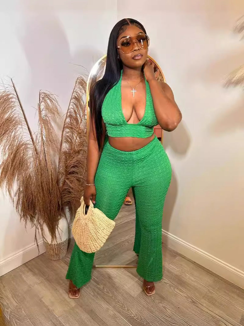 Women Sleeveless Halter Neck Sexy Backless Top and Bell Bottom Pant Two-piece Set 4