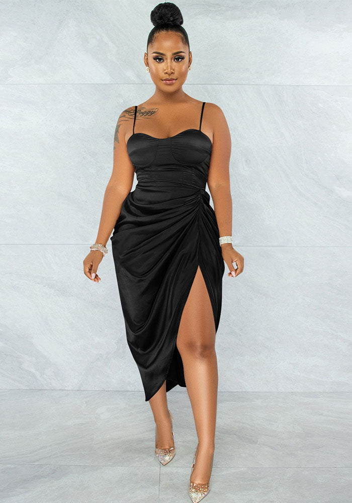 Women sexy split backless bodycon pleated solid strap dress