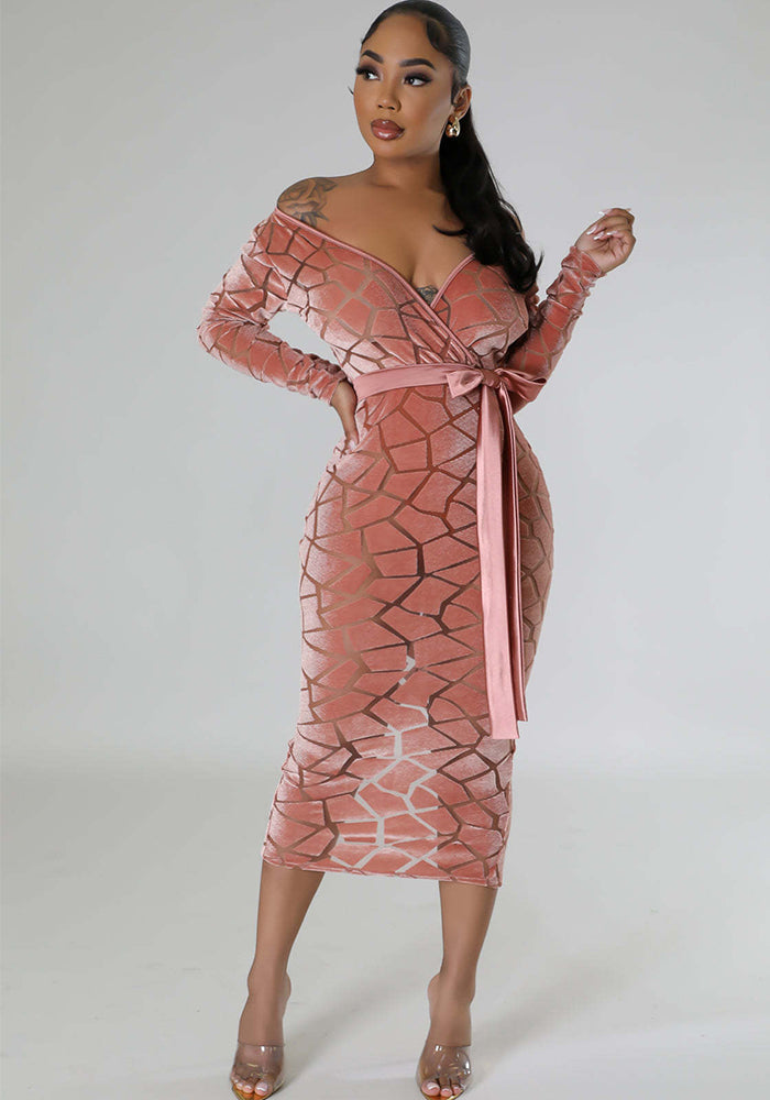 Women's Flocked Long Sleeve V-Neck Nightclub Dress