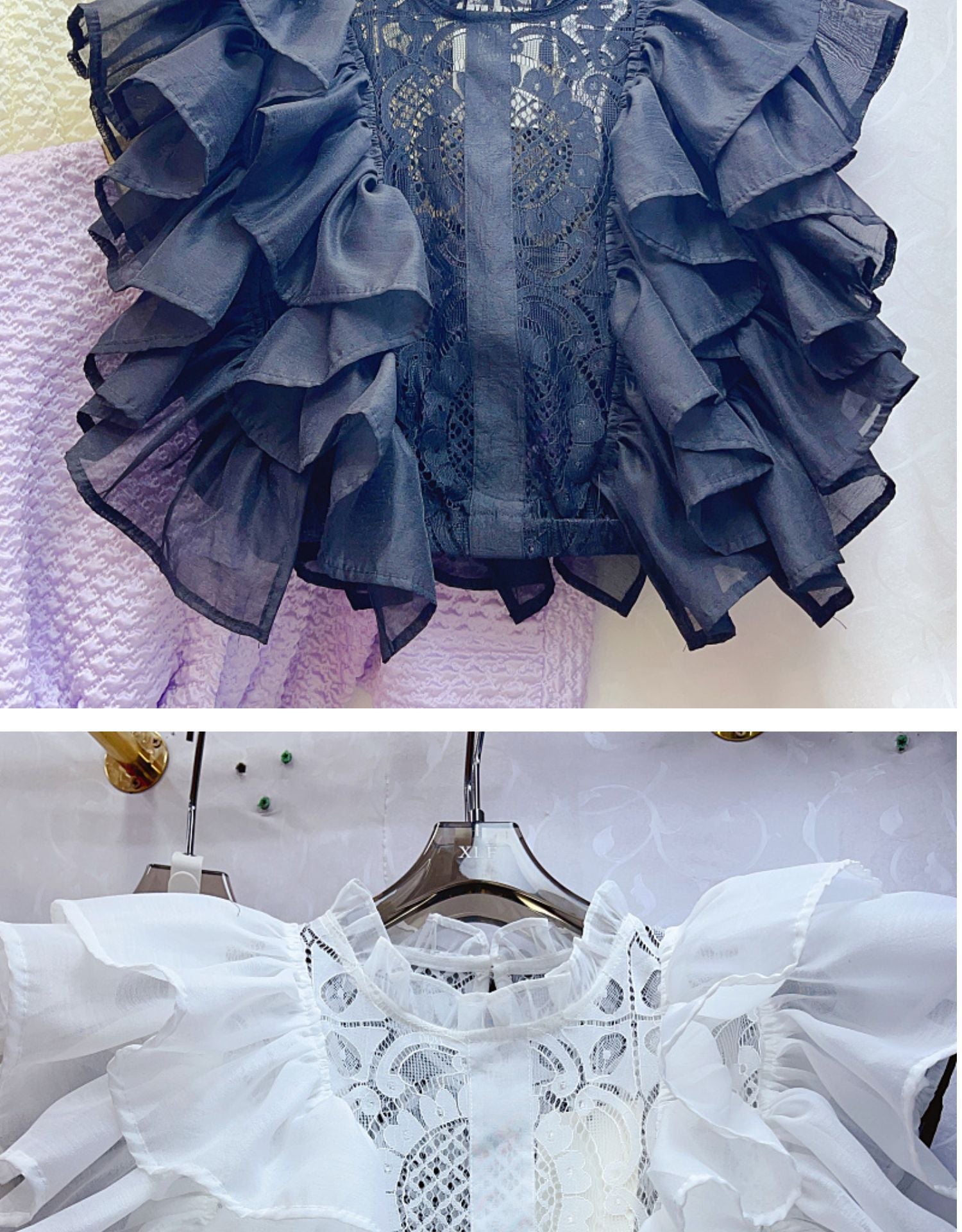 Women Summer French Ruffle Patchwork Crochet Hollow Stand Collar Lace Shirt 17