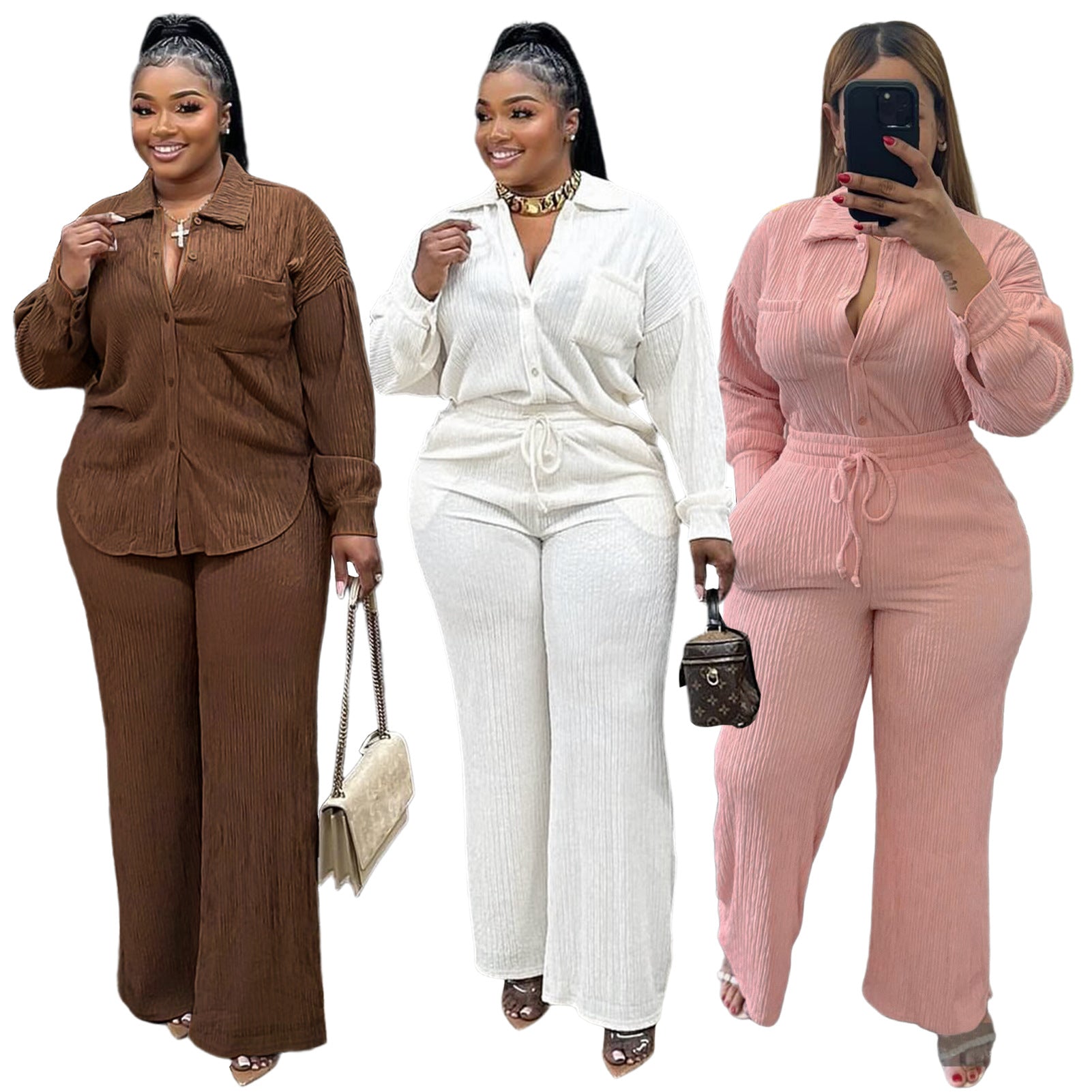 Women Crumpled Lace-Up Top and Pocket Wide Leg Pants Two Piece Set 6