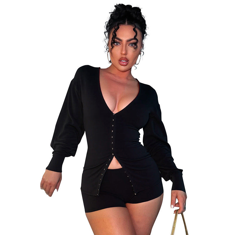 Women's Autumn Winter Round Neck Buttons Slim Waist Long Sleeve Top Shorts Set 15