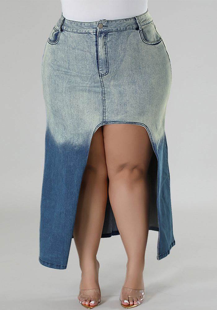 Plus Size Women Gradient Slit Denim Skirt 3